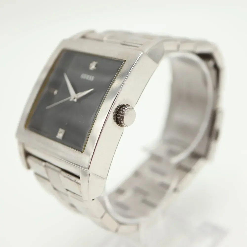 Guess Mens Jumbo Square Black 38mm Diamond Watch Stainless Steel w New Battery